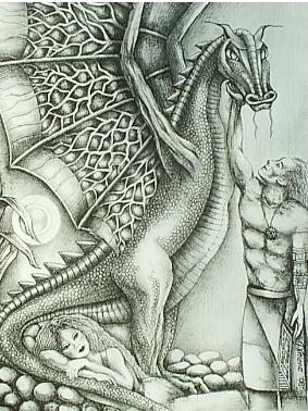 Puppet Dragons is a pencil drawing of a dragon with three heads drawn 